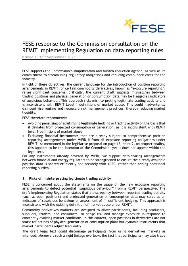 FESE：2025年FESE对委员会关于数据报告规则的REMIT实施条例的咨询的回应报告（英文版）海报