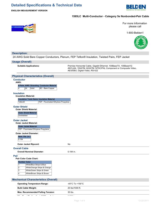 BELDEN 1585LC  Multi-Conductor - Category 5e Nonbonded-Pair Cable 说明书