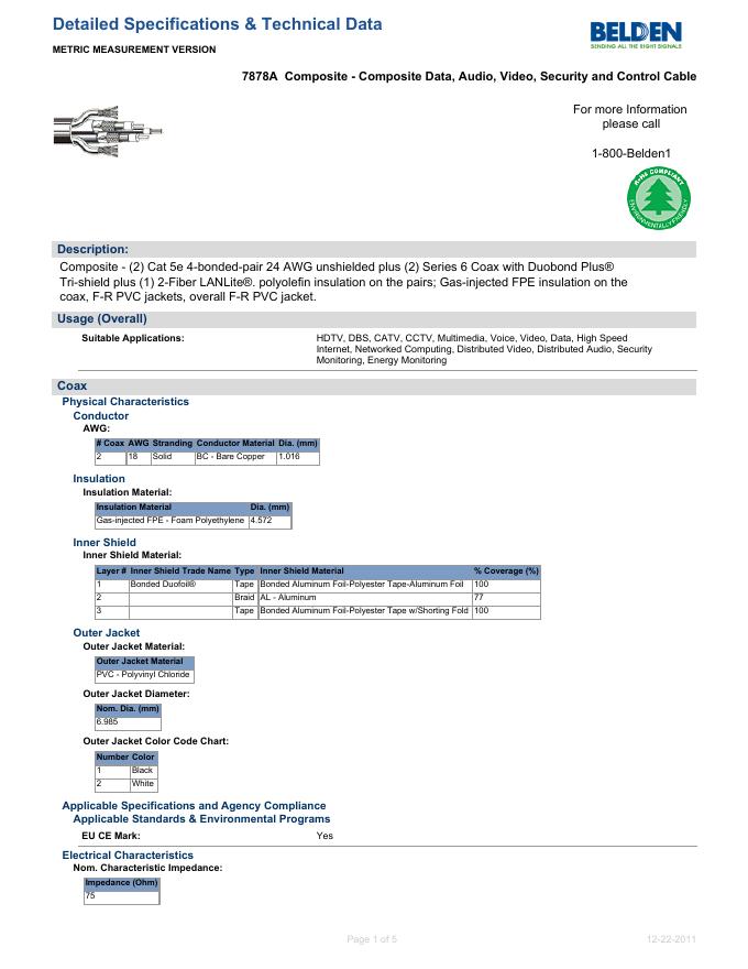 BELDEN  7878A  Composite - Composite Data, Audio, Video, Security and Control Cable 说明书