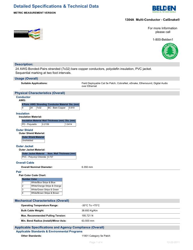 BELDEN   1304A  Multi-Conductor - CatSnak 说明书