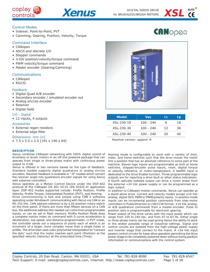 copley controls Xenus DIGITAL SERVO DRIVE for BRUSHLESS/BRUSH MOTORS 说明书