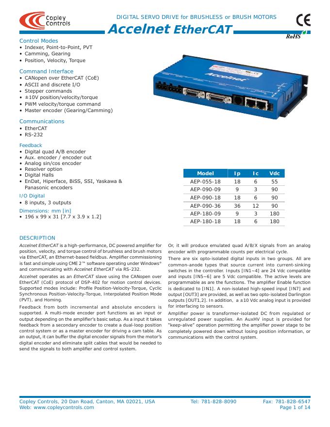 Copley Controls Accelnet EtherCAT DIGITAL SERVO DRIVE for BRUSHLESS or BRUSH MOTORS 说明书