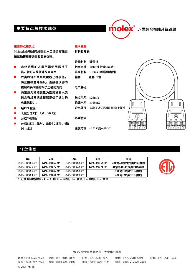 MoleX 六类综合布线系统跳线 说明书