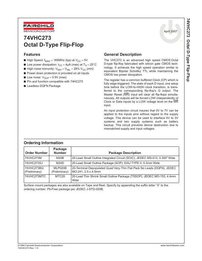 fairchild Octal D-Type Flip-Flop  74VHC273 使用说明书
