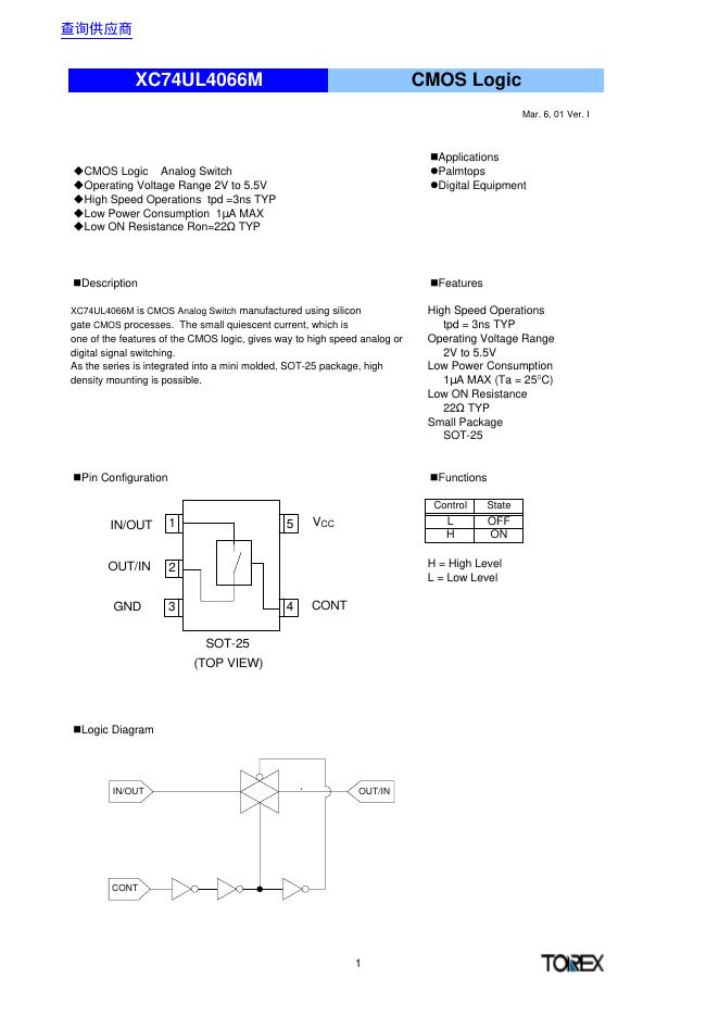 TOREX XC74UL4066M CMOS Logic Mar. 6, 01 Ver. I 说明书