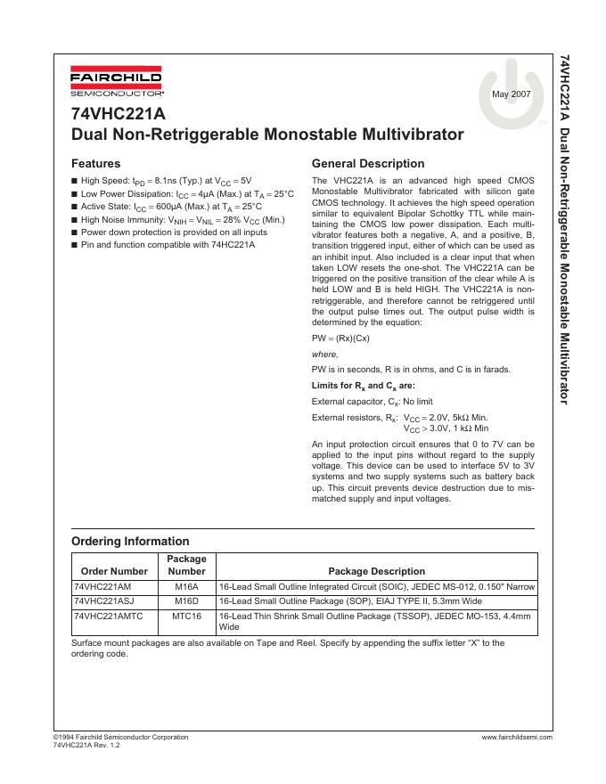 FAIRCHILD 74VHC221A Dual Non-Retriggerable Monostable Multivibrator 说明书