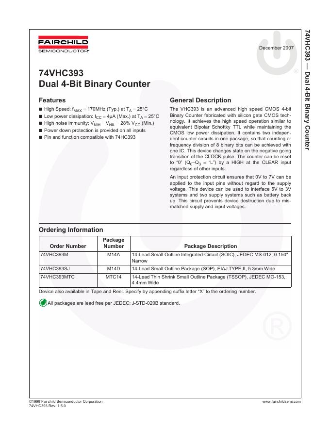 FAIRCHILD 74VHC393 Dual 4-Bit Binary Counter 说明书