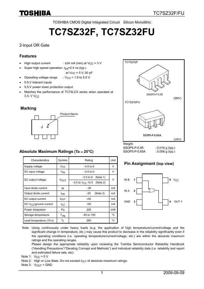 东芝 TC7SZ32F, TC7SZ32FU 说明书