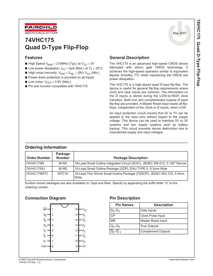 FAIRCHILD 74VHC175 Quad D-Type Flip-Flop 说明书