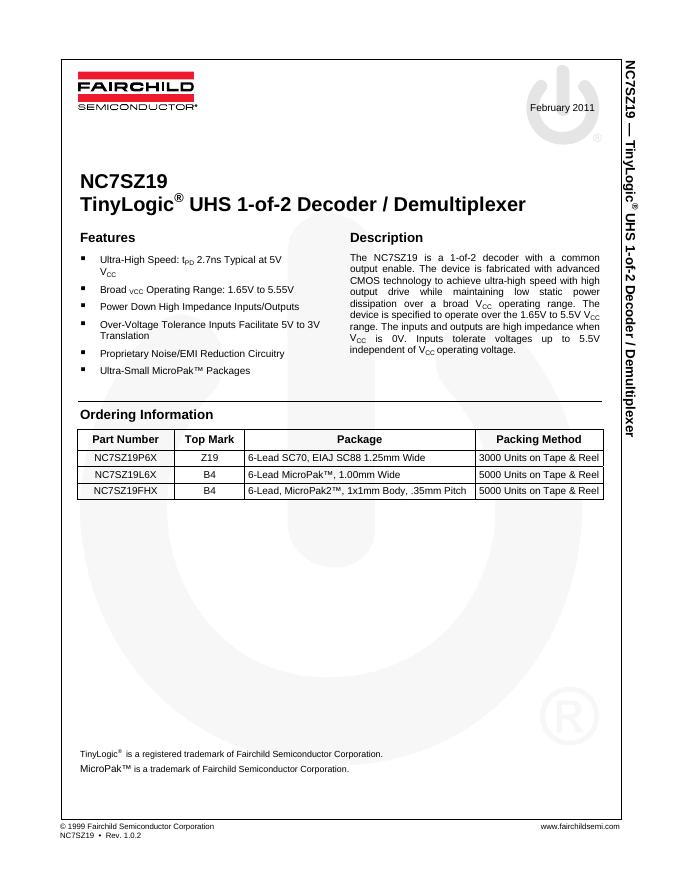 FAIRCHILD NC7SZ19 TinyLogic UHS 1-of-2 Decoder/Demultiplexer 说明书
