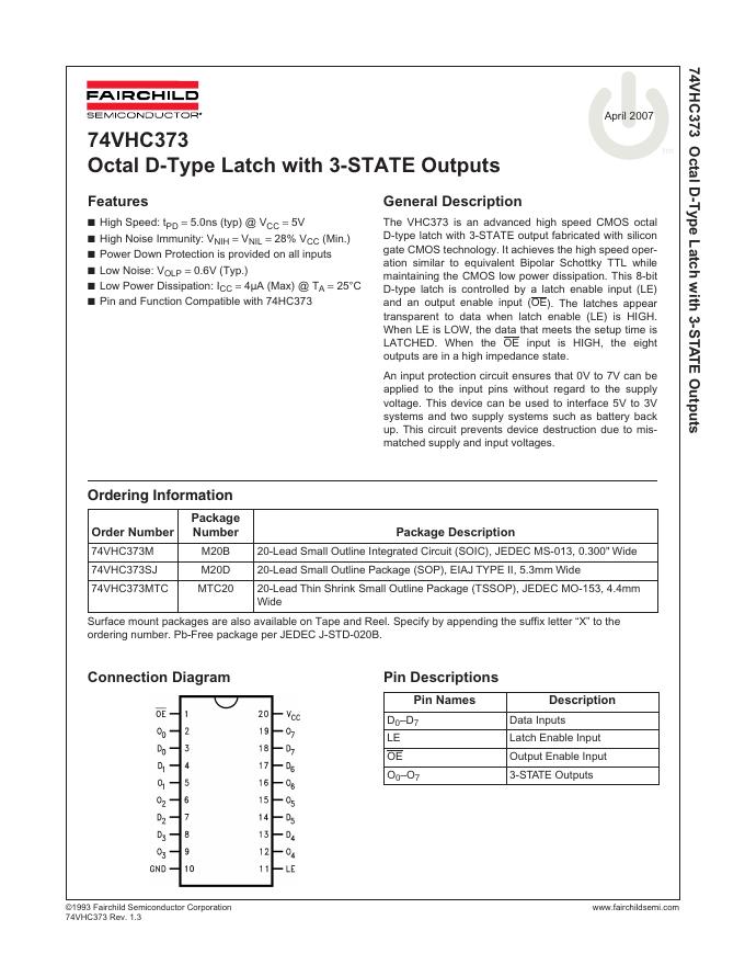 FAIRCHILD 74VHC373 Octal D-Type Latch with 3-STATE Outputs 说明书