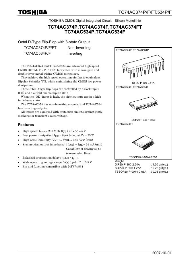 东芝 TC74AC374P,TC74AC374F,TC74AC374FT  TC74AC534P,TC74AC534F 说明书
