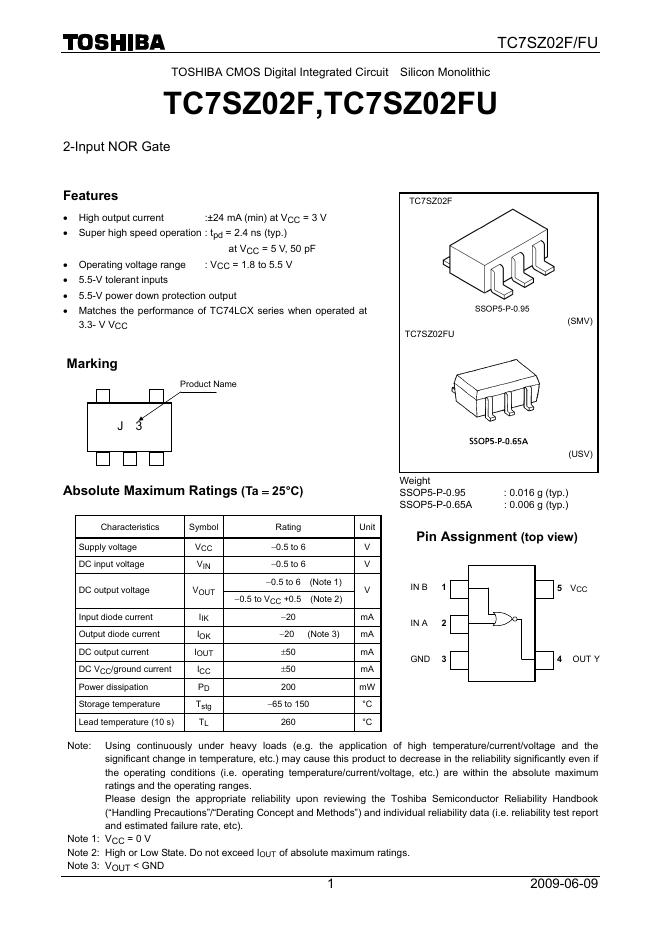 东芝 TC7SZ02F,TC7SZ02FU 说明书