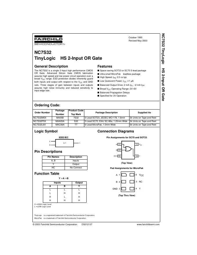 fairchild NC7S32 TinyLogic  HS 2-Input OR Gate 说明书