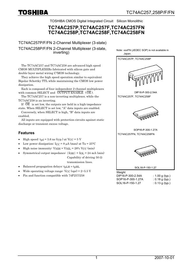 东芝 TC74AC257P,TC74AC257F,TC74AC257FN  TC74AC258P,TC74AC258F,TC74AC258FN 说明书