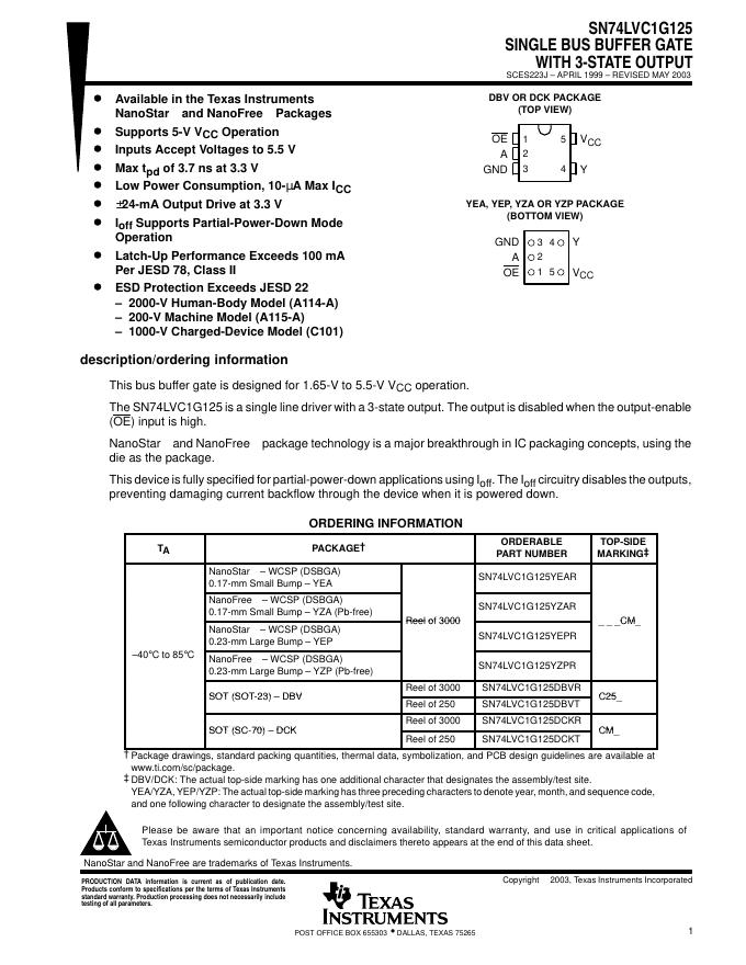 TEXAS INSTRUMENTS  SN74LVC1G125 SINGLE BUS BUFFER GATE WITH 3-STATE OUTPUT 说明书
