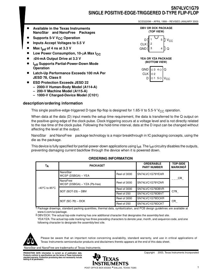 TEXAS INSTRUMENTS  SN74LVC1G79 SINGLE POSITIVE-EDGE-TRIGGERED D-TYPE FLIP-FLOP 说明书