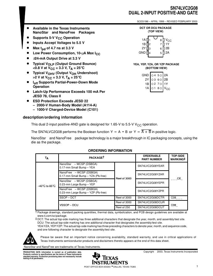 TEXAS INSTRUMENTS  SN74LVC2G08 DUAL 2-INPUT POSITIVE-AND GATE 说明书