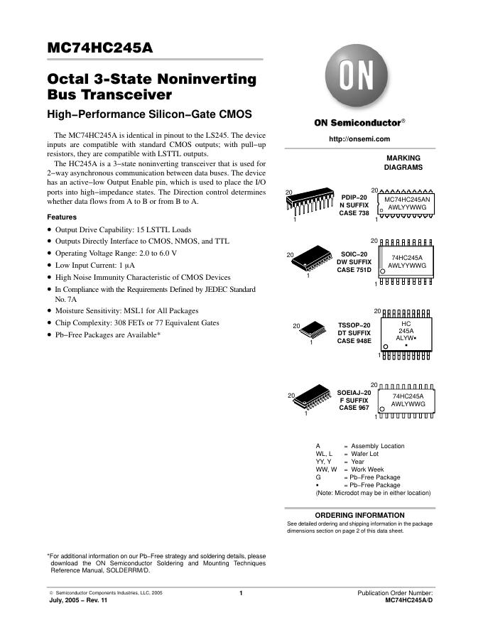 ON Semiconductor MC74HC245A Octal 3−State Noninverting Bus Transceiver 说明书