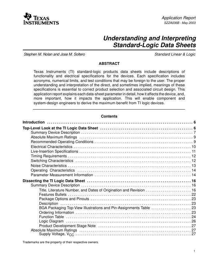 TEXAS INSTRUMENTS Understanding and Interpreting Standard-Logic Data Sheets 说明书
