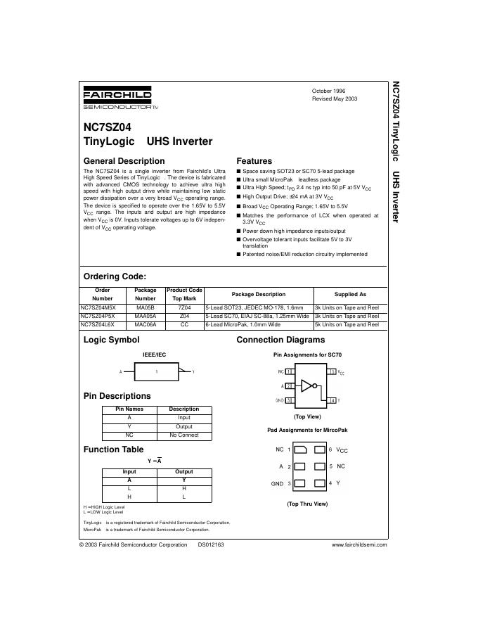 FAIRCHILD NC7SZ04 TinyLogic  UHS Inverter 说明书