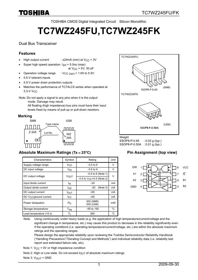 TOSHIBA  TC7WZ245FU,TC7WZ245FK 使用说明书