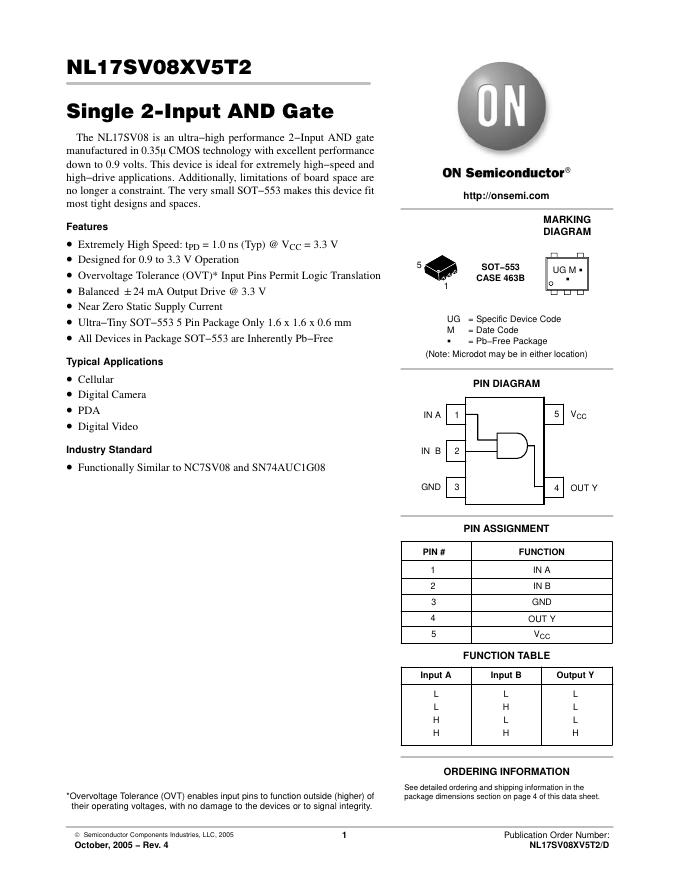 NL17SV08XV5T2 Single 2−Input AND Gate 说明书