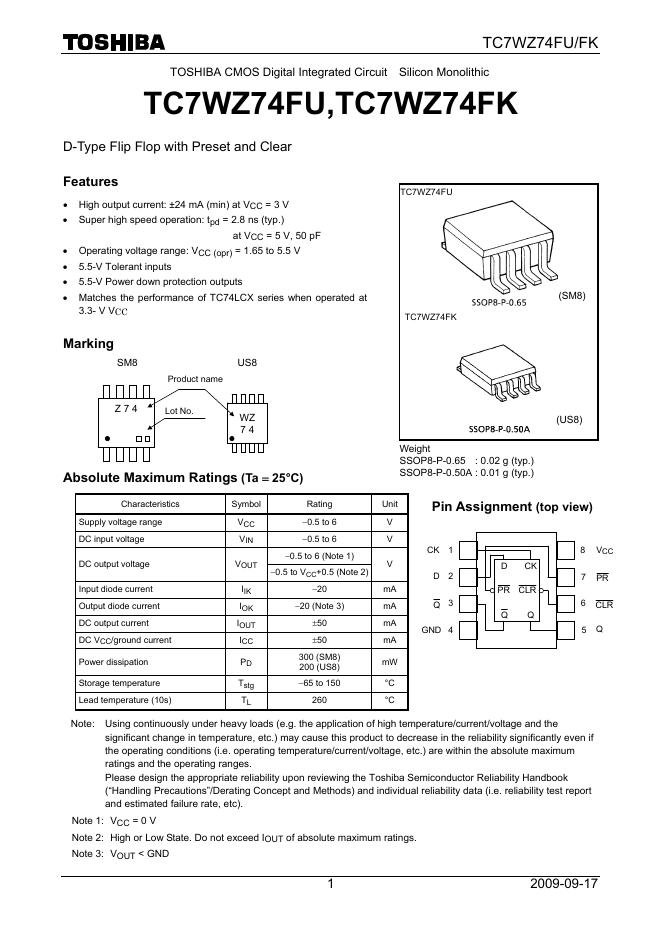 TOSHIBA  TC7WZ74FU,TC7WZ74FK 使用说明书