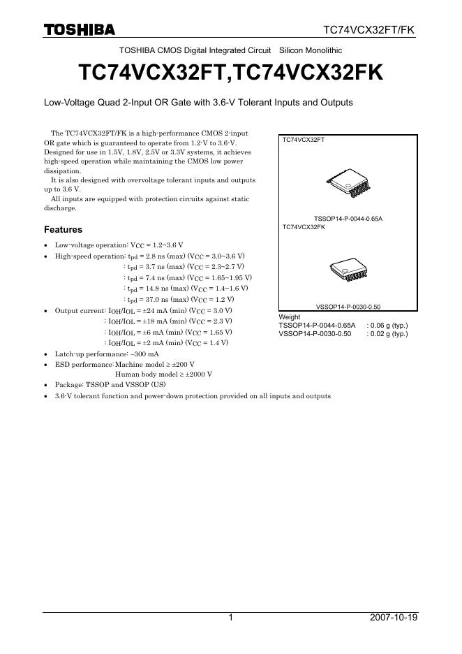 TOSHIBA  TC74VCX32FT,TC74VCX32FK 使用说明书