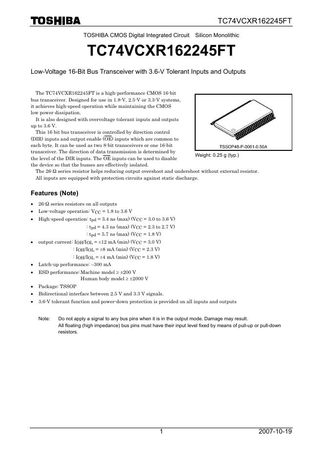 TOSHIBA  TC74VCXR162245FT 说明书