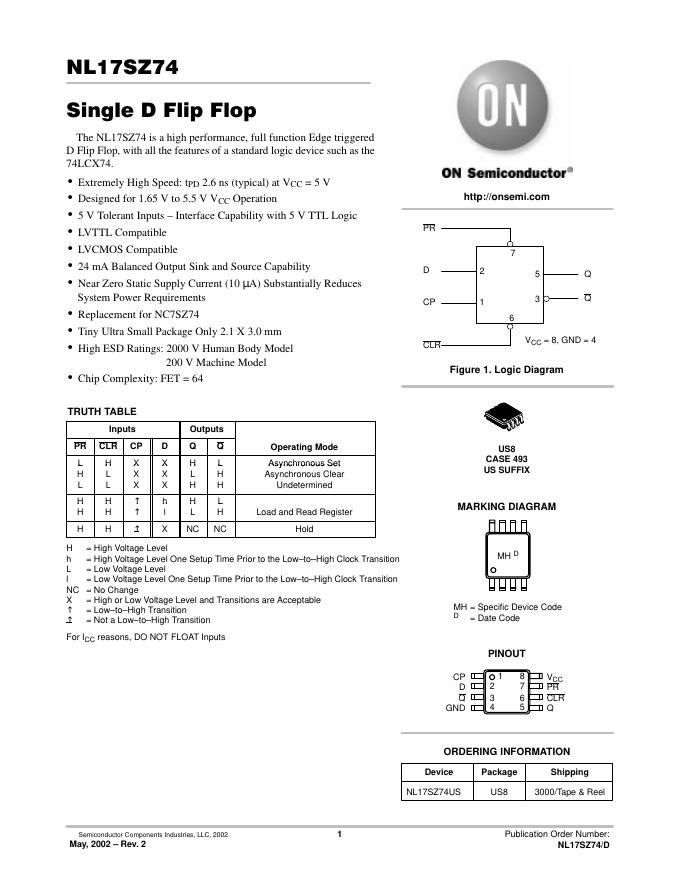 NL17SZ74 Single D Flip Flop 说明书