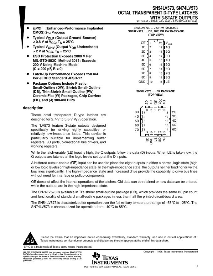 TEXAS INSTRUMENTS SN54LV73/SN74LV573 说明书