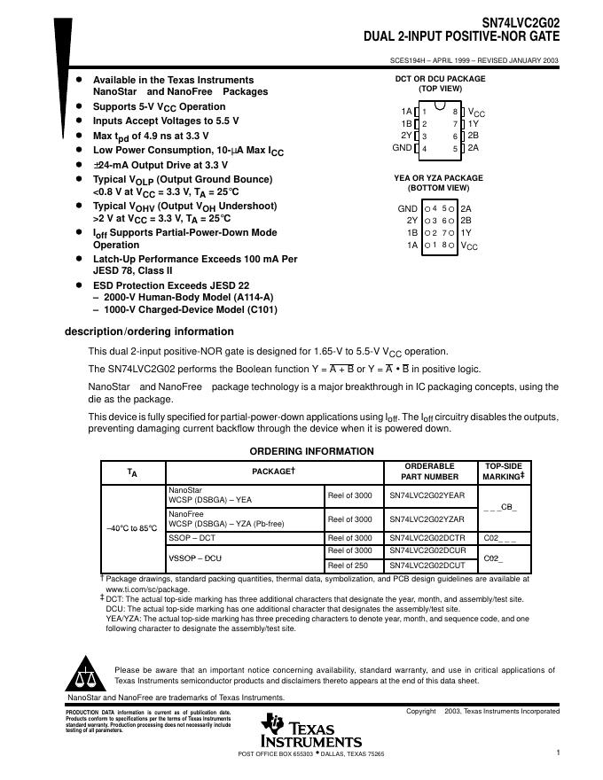 TEXAS INSTRUMENTS SN74LVC2G02 说明书