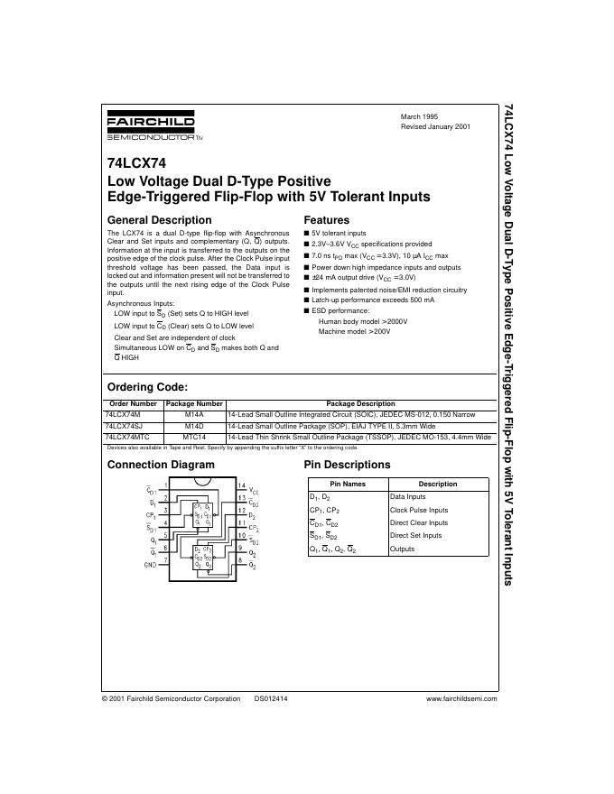 74LCX74 Low Voltage Dual D-Type Positive Edge-Triggered Flip-Flop with 5V Tolerant Inputs 说明书
