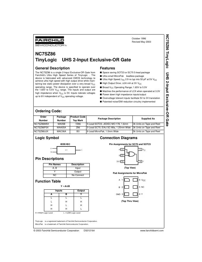 NC7SZ86 TinyLogic UHS 2-Input Exclusive-OR Gate 说明书