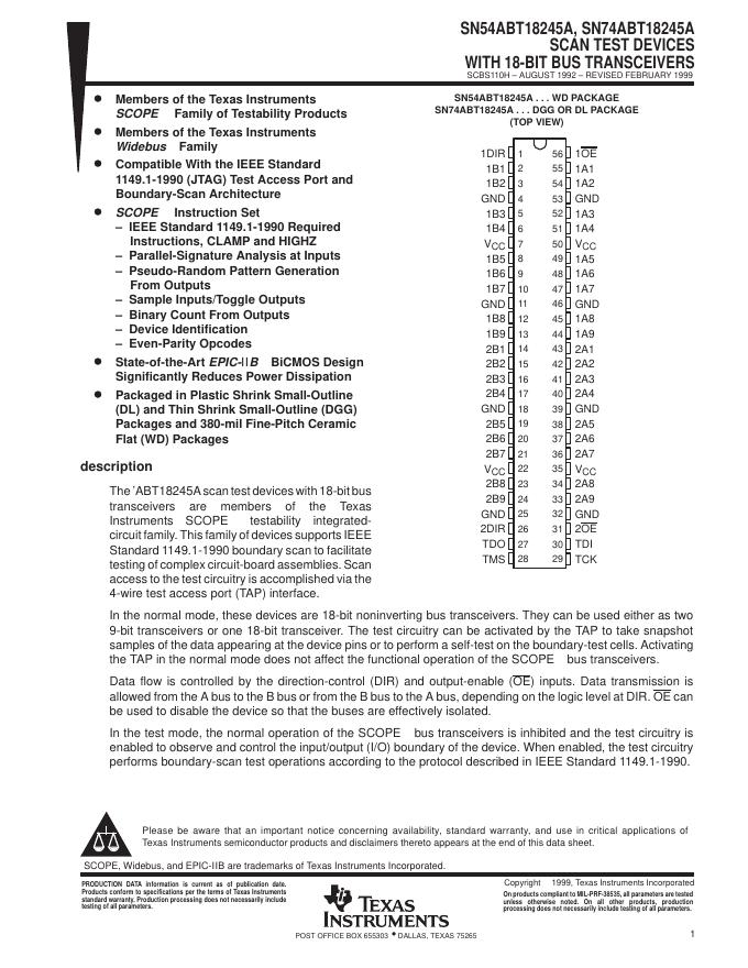 SN54ABT18245A, SN74ABT18245A SCAN TEST DEVICES WITH 18-BIT BUS TRANSCEIVERS 说明书