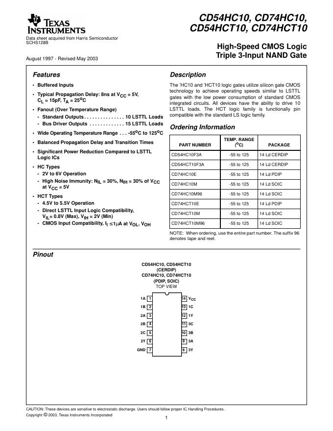 TEXAS INSTRUMENTS CD54HC10, CD74HC10, CD54HCT10, CD74HCT10 High-Speed CMOS Logic Triple 3-Input NAND Gate 说明书