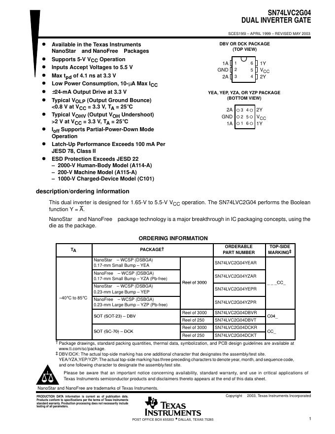 SN74LVC2G04 DUAL INVERTER GATE 说明书