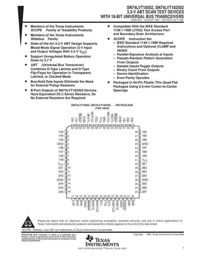 SN74LVT18502, SN74LVT182502 3.3-V ABT SCAN TEST DEVICES WITH 18-BIT UNIVERSAL BUS TRANSCEIVERS 说明书