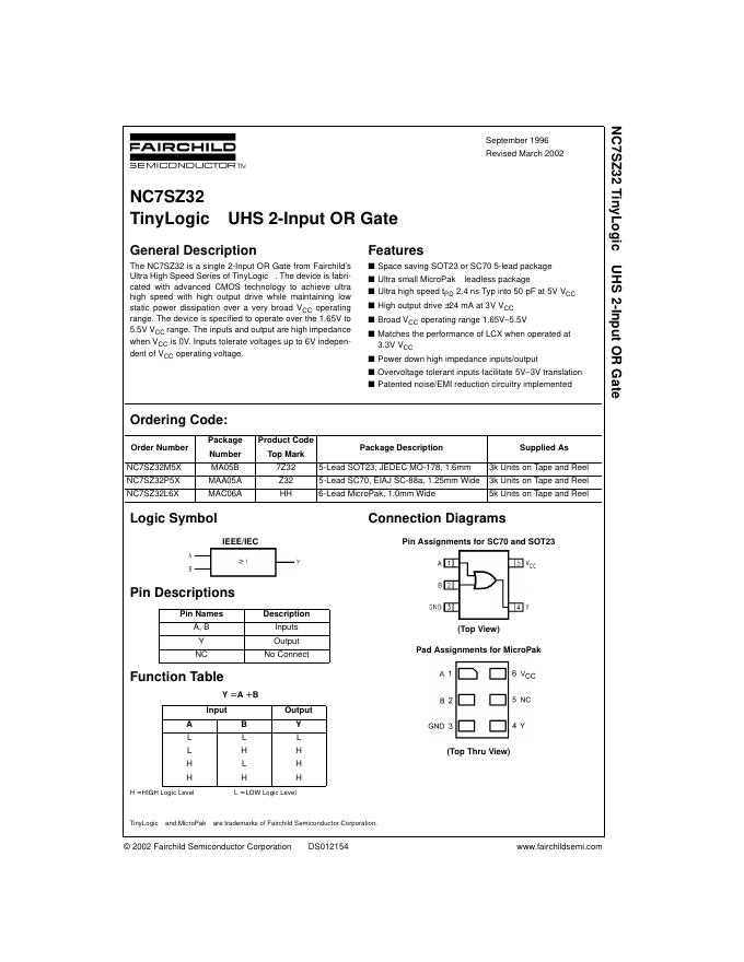 NC7SZ32 TinyLogic UHS 2-Input OR Gate 说明书