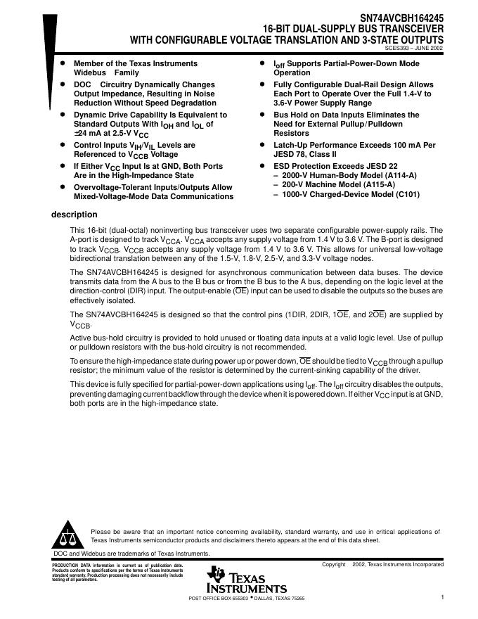 TEXAS INSTRUMENTS SN74AVCBH164245 16-BIT DUAL-SUPPLY BUS TRANSCEIVER WITH CONFIGURABLE VOLTAGE TRANSLATION AND 3-STATE OUTPUTS 说明书