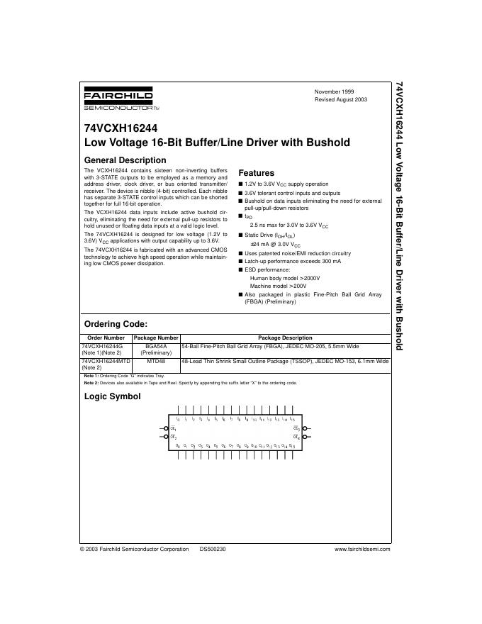 74VCXH16244 Low Voltage 16-Bit Buffer/Line Driver with Bushold 说明书