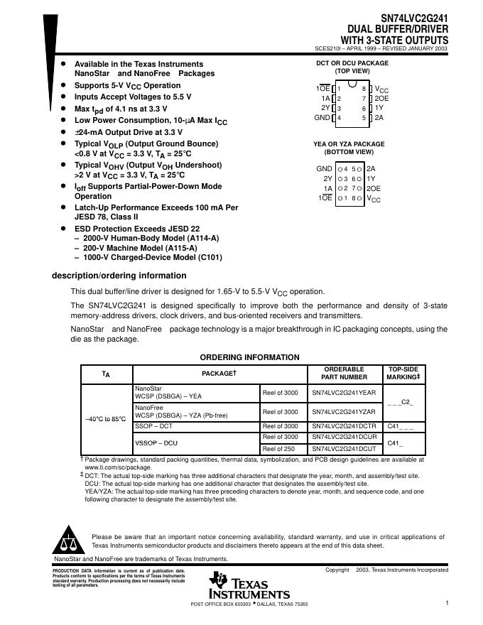 SN74LVC2G241 DUAL BUFFER/DRIVER WITH 3-STATE OUTPUTS 说明书