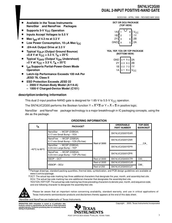 SN74LVC2G00 DUAL 2-INPUT POSITIVE-NAND GATE 说明书