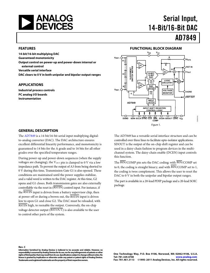ANALOG DEVICES Serial Input,  14-Bit/16-Bit DAC     AD7849 说明书