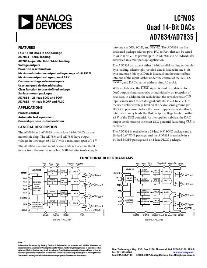 ANALOG DEVICES LC 2 MOS Quad 14-Bit DACs AD7834/AD7835 说明书