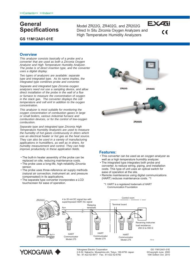 YOKOGAWA ZR22G, ZR402G, and ZR202G Direct In Situ Zirconia Oxygen Analyzers and  High Temperature Humidity Analyzers 说明书