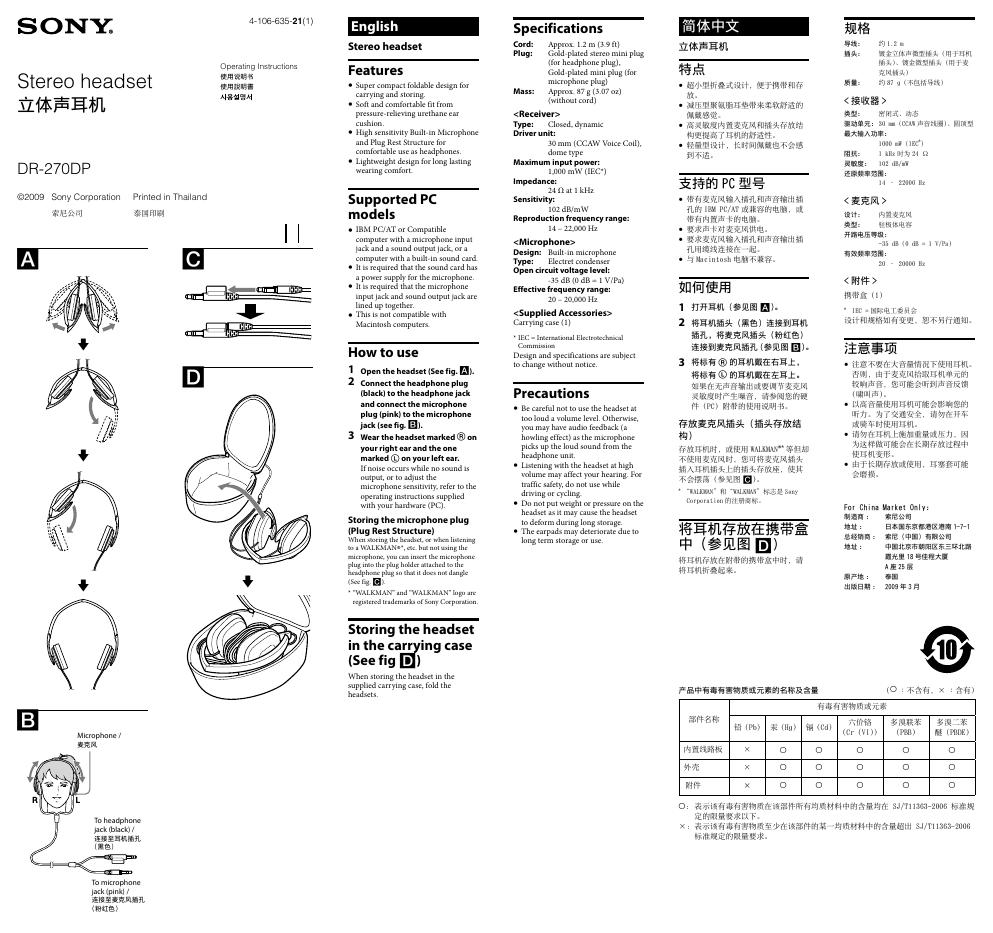 SONY DR-270DP 立体声耳机 说明书