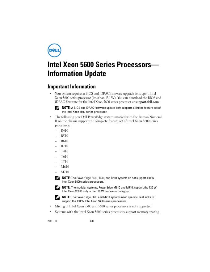 DELL Intel Xeon 5600 Series Processors— Information Update 说明书