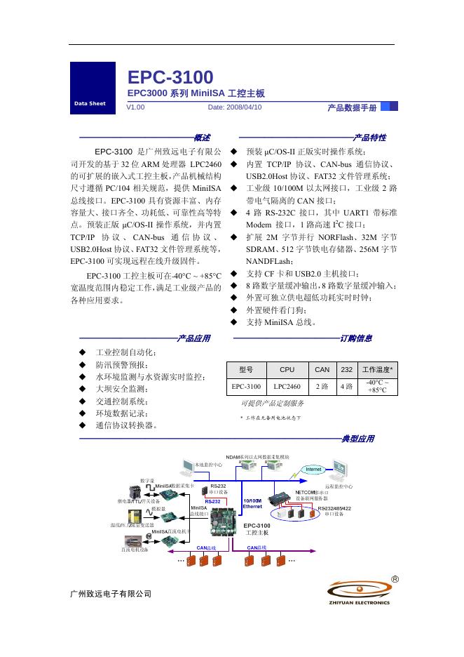 广州致远电子有限公司 EPC-3100 EPC3000 系列 MiniISA 工控主板 说明书